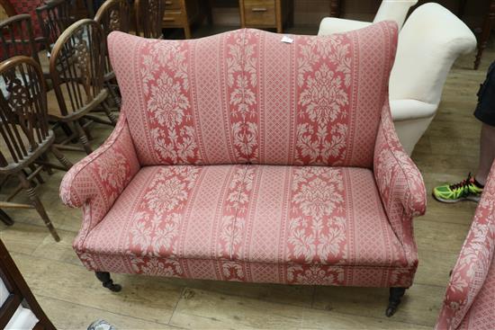 An Edwardian three piece salon suite sofa W.116cm